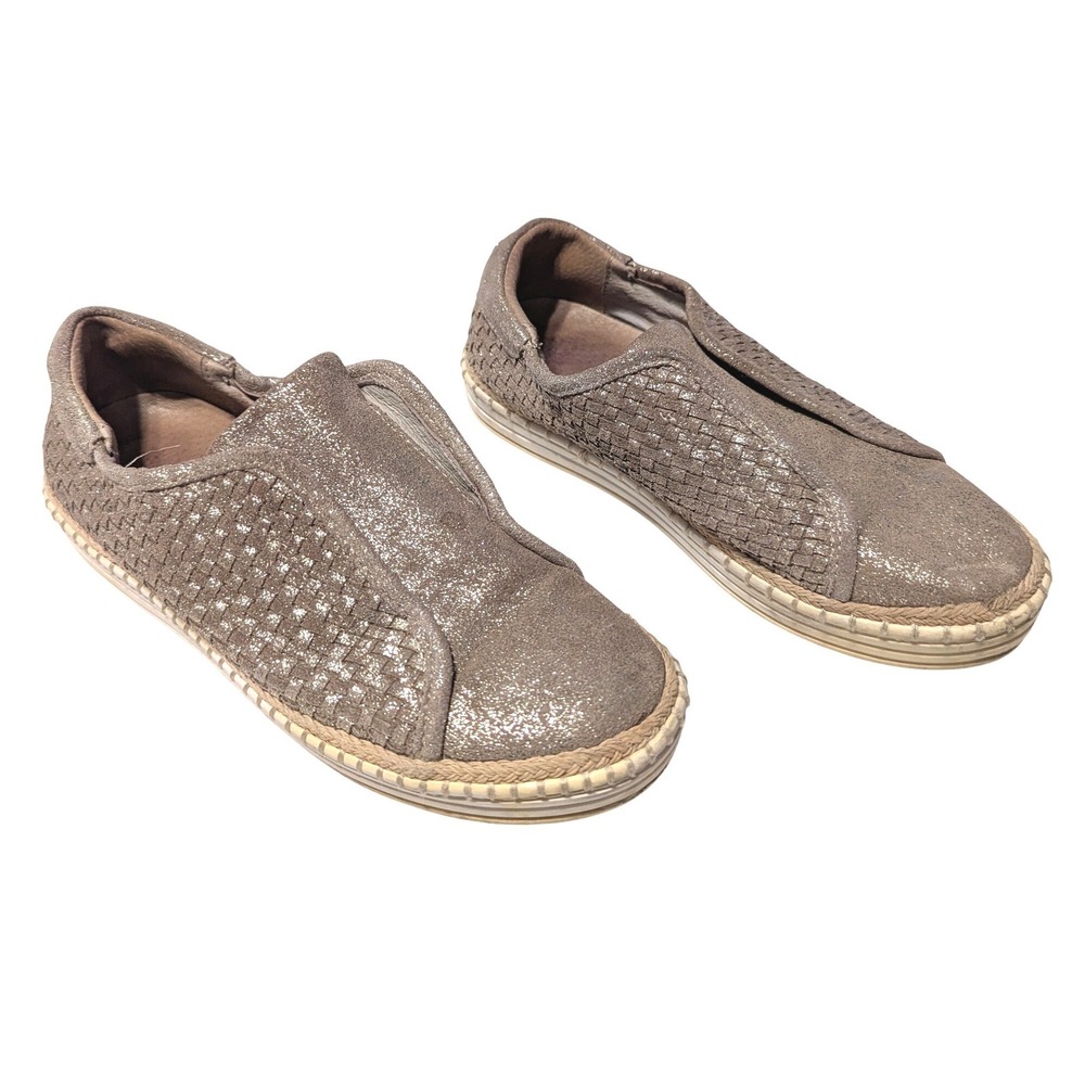 J/Slides NYC Metallic Woven Leather Platform Slip On Sneakers Taupe Womens 7M
